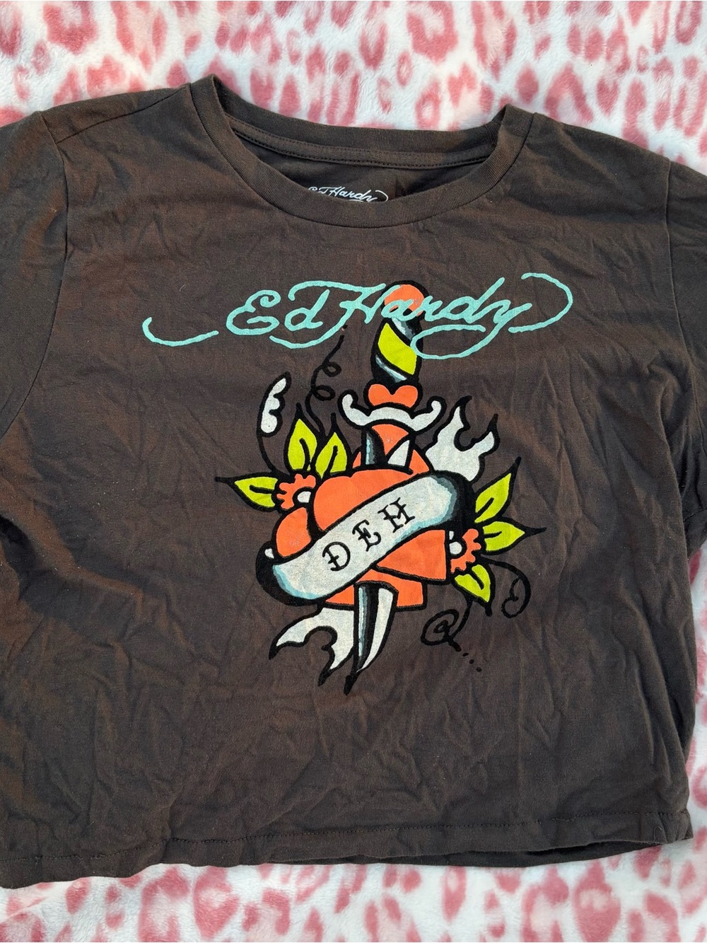 Ed Hardy Black Crop Top with Orange Heart & Teal Logo